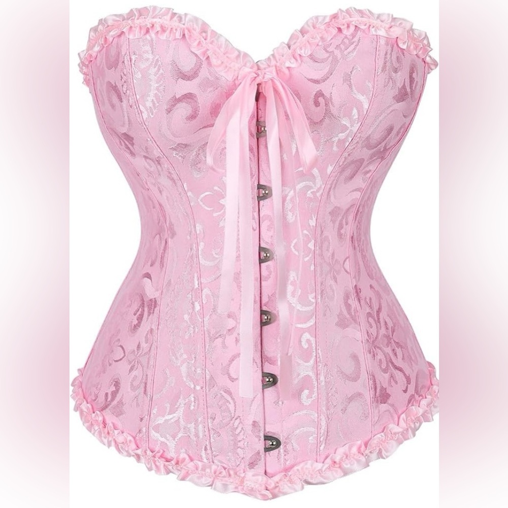 Ruffled Pink Floral Brocade Waist Cincher Corset
